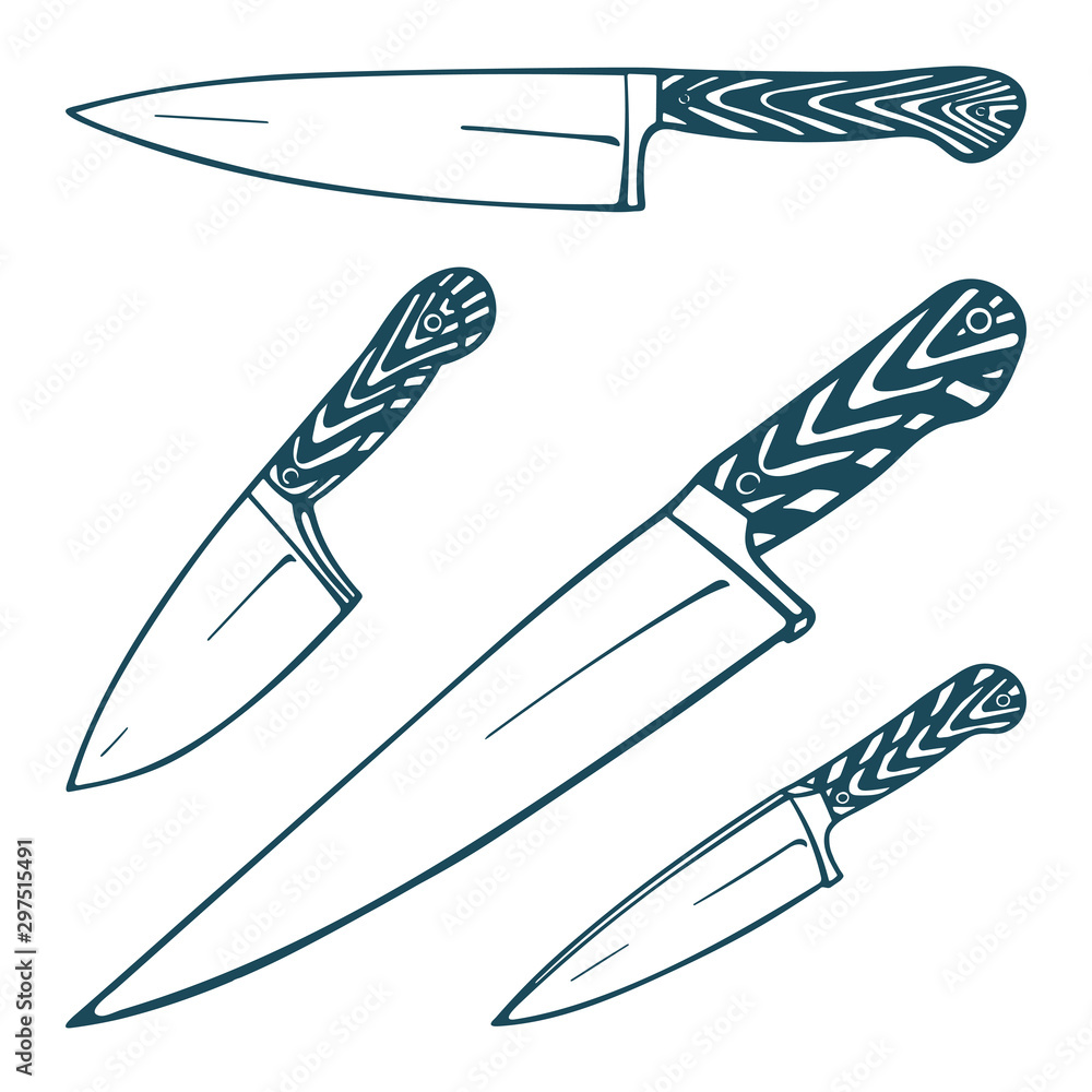 Kitchen knife. Vintage kitchen knifes hand drawn vector illustrations set. Kitchen  knife realistic sketch drawing collection. Part of set. Stock Vector |  Adobe Stock, image size:1000x1000