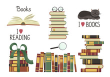 Old Books Set. Stacks From Old Books And Handwriting On White Background. Education Vector Illustration.