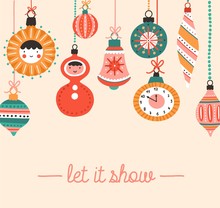 New Year Festive Social Media Banner Vector Template. Christmas Tree Retro Bauble Flat Illustration With Lettering. Let It Snow Calligraphy And Holiday Decorations. Xmas Vintage Postcard Design Layout