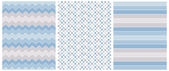 Abstract Geometric Vector Prints.Pastel Blue and Gray Stripes, Chevron and Grid Isolated on a White Background. Blue Zigzags on a White. Lovely Stripped Repeatable Vector Design.Cute Checkered Layout.