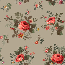 Seamless Floral Pattern With Red Rose. Vintage Rose Bouquet