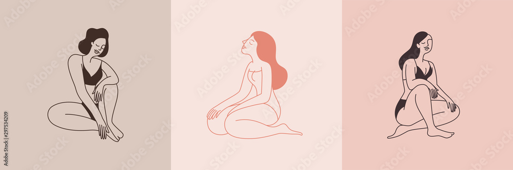 Beautiful female figure. Vector logo design template and illustration in simple minimal linear style - body positive emblem, abstract badge for lingerie designer - obrazy, fototapety, plakaty 