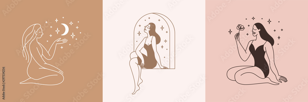 Beautiful female figure. Vector logo design template and illustration in simple minimal linear style - body positive emblem, abstract badge for lingerie designer - obrazy, fototapety, plakaty 