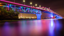 Pink And Blue Harbour Bridge At Night