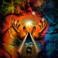 Wall Mural - Surreal painting. Hands of God, space and time. Man with galaxy in head stands before field of wheat.