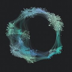 Sphere cluster of communication links. Social media graph background. Connected network of users. Creative data visualization background.