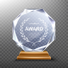 glass award trophy or winner prize realistic vector illustration. transparent crystal plate or acryl
