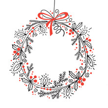 Christmas Festive Wreath Of Fir Branches, Holly, Garland Lights. Graphic Vector Illustration