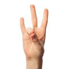 Wall Mural - Finger spelling number 7 in American Sign Language on white background. ASL concept