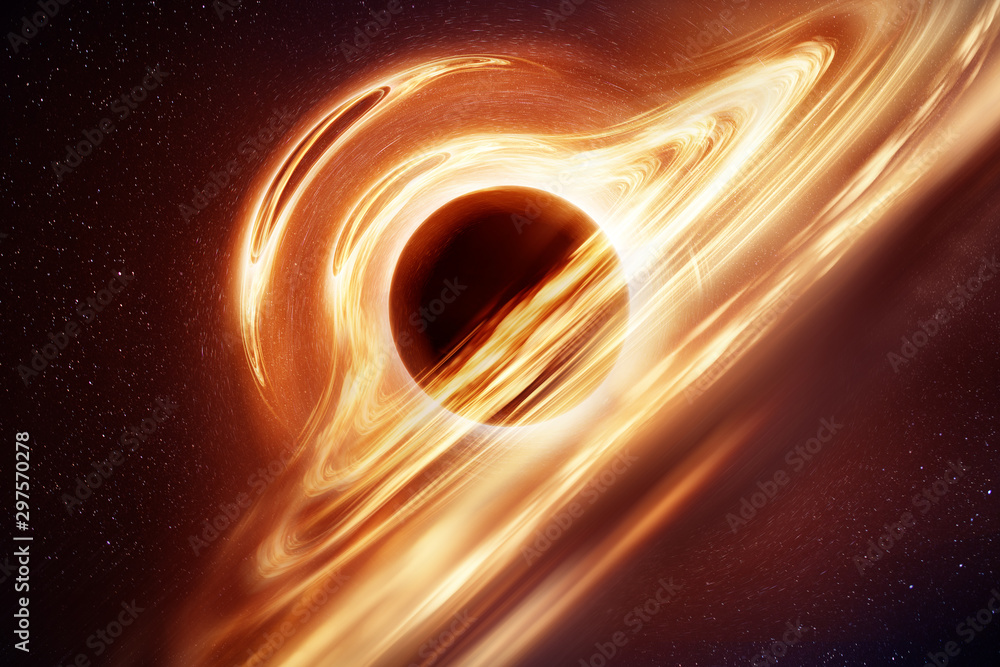 An illustration of what a black hole with an accretion disk may look like based on modern understanding.  - obrazy, fototapety, plakaty 
