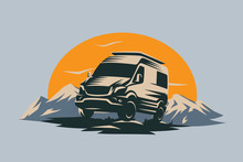 Camper Van Illustration With Rocks And Mountains. RV Vehicle Standing On Rocks On The Sunset. Vector Illustration.