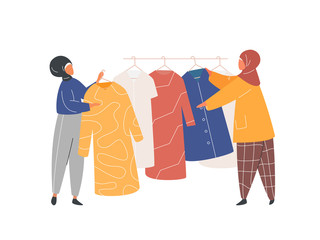 Wall Mural - Muslim Woman in hijab shopping in clothes store. Flat design vector.