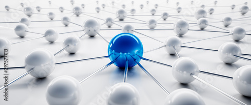 Fotografía Blue and white sphere network structure - abstract design connection design - 3D