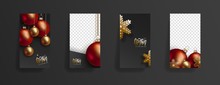 Christmas New Year Story Template, Red Golden 3D Ball, Snowflake. Social Media