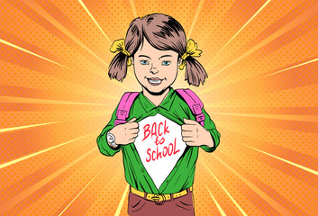 Girl open shirt with the words back to school on her t-shirt. Pop art comics style. Hand drawn vector illustration. 