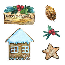 A Set Of Christmas Decorations. Watercolor Elements On A White Background. Gingerbread Cookies, Stars, And Christmas Tree 