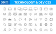 Set of 50 Device and technology web icons in line style. Computer monitor, smartphone, tablet and laptop. Vector illustration.