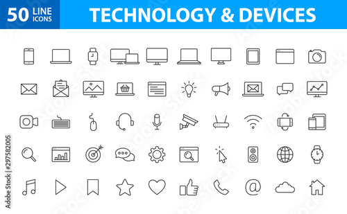 Fotografía Set of 50 Device and technology web icons in line style