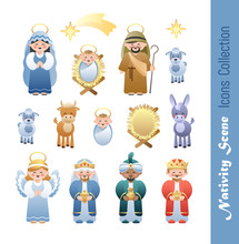 Nativity Scene Icons Collection. Cute Cartoon Characters. Vector Illustration Without Transparency.
