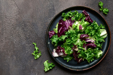 Mix salad leaves on a dark plate. Top view with copy space.