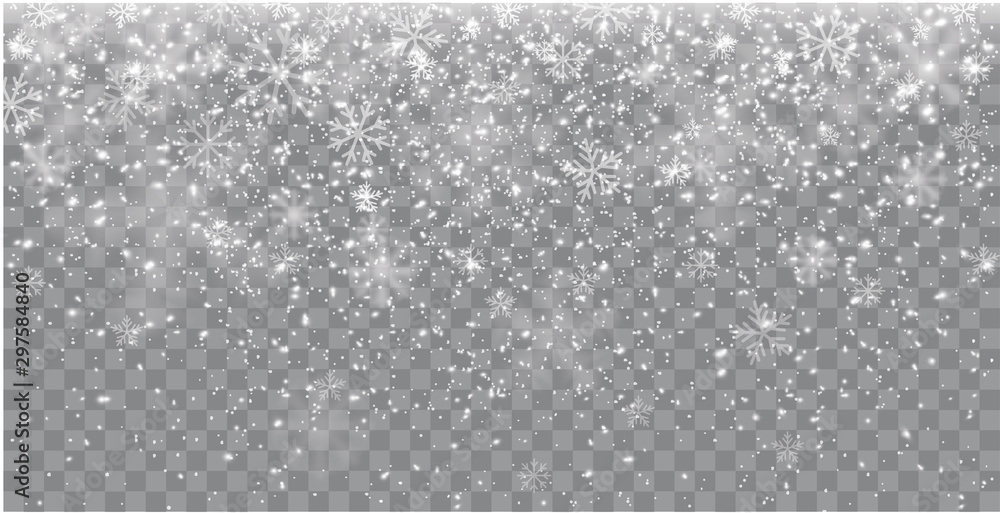 Seamless realistic falling snow or snowflakes. Isolated on transparent background - stock vector. - obrazy, fototapety, plakaty 