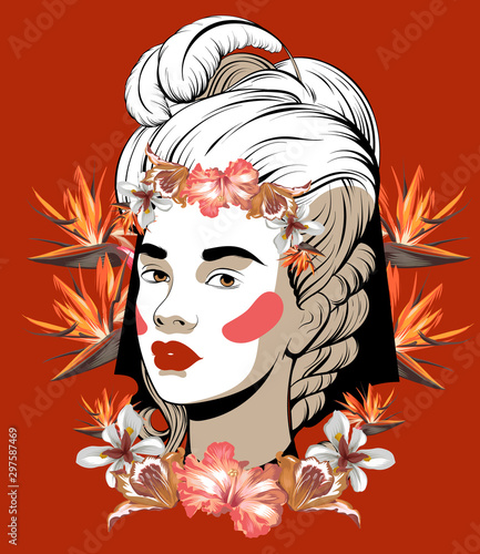 Vector hand drawn illustration of pretty girl with flowers isolated. Creative artwork.  Template for card, poster, banner, print for t-shirt, pin, badge, patch.