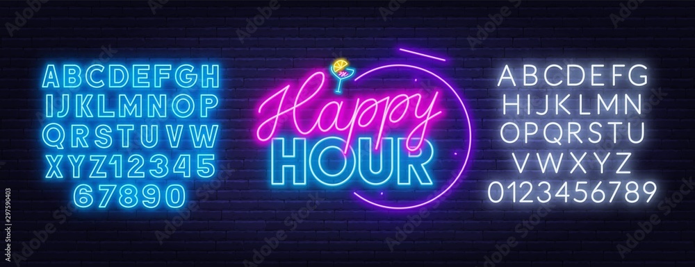 Happy hour neon sign on dark background. Template for design with fonts. Vector illustration. - obrazy, fototapety, plakaty 