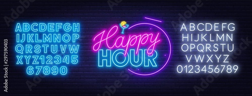 Cuadros en Lienzo Happy hour neon sign on dark background