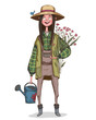 Farmer girl with flowers in her hands and watering can. Cute cartoon character dressed in work overalls and hat with little bird. Vector illustration
