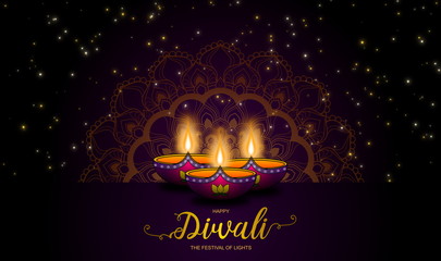 Wall Mural - Diwali or Festival of Lights with fancy clay lamps and mandala