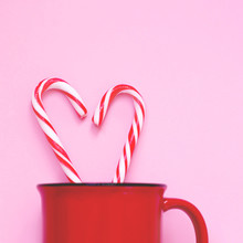 Cup Of Coffee With Heart. Red Cup, Candies. Gifts For The New Year And Christmas. Traditions And Holidays Concept. Top Of View. 