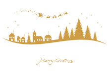 Santa Claus, Reindeers, Church And Conifers