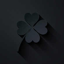 Paper Cut Four Leaf Clover Icon Isolated On Black Background. Happy Saint Patrick Day. Paper Art Style. Vector Illustration