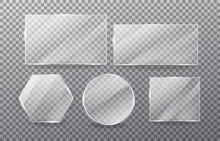 Realistic Transparent Glass Window Set. Collection Of Glass Plates On Transparent Background. Acrylic And Glass Texture With Glares And Light.  Rectangle Frame. Vector.