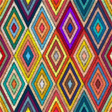 Embroidered Geometric Seamless Pattern. Handmade In Bohemian Style. Patchwork Hand-drawn Ornament. Pricn For Textiles, Wrappers, Carpets. Ethnic And Tribal Motifs. Vector Illustration.