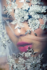 Wall Mural - portrait of beauty young afro woman through white lace, like new bride under veil close up