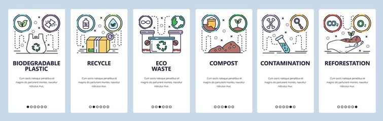 Wall Mural - mobile app onboarding screens. eco plastic bag, recycle waste, contamination, environment, reforesta
