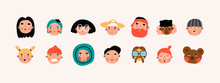 Various People And Bear. Faces And Heads. Characters, Avatars. Different Icons And Logos. Cute Hand Drawn Trendy Vector Illustrations. Cartoon Style. Flat Design. Naive Art. All Elements Are Isolated