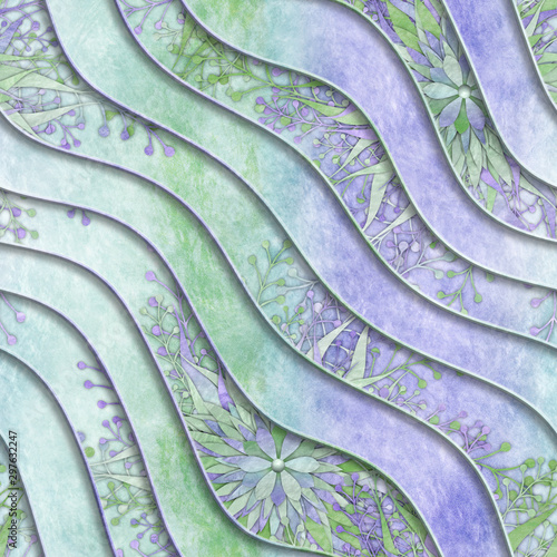 Naklejka - mata magnetyczna na lodówkę Carving waves pattern on floral background seamless texture, patchwork pattern, violet and green color, 3d illustration