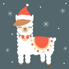 cute cartoon vector christmas llama character with santa hat holiday greeting card 