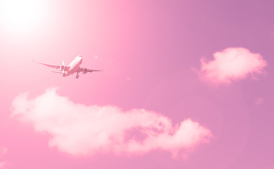 Sunset over an airliner in the sky with white clouds.