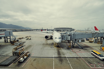 Jet aircraft docked in airport. Parking at terminal gate.