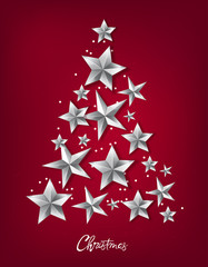 Wall Mural - Christmas tree made from silver stars and white dots. Red background vector