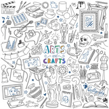 Arts And Crafts Doodles Set. Drawing, Painting, Sculpting, Photography, Music And Design Supplies And Tools.