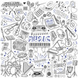 Music doodles set. Musical instruments, devices and symbols. Freehand vector drawing isolated on white background