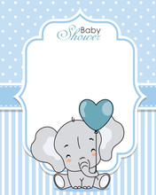 Baby Shower Invitation. Cute Elephant With Balloon. Space For Text