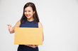 © comzeal - Happy Asian woman holding package parcel box, Delivery courier and shipment service concept