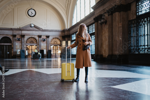 Tourist Woman With Suitcase Retro Camera On Platform Station