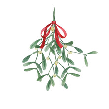 Christmas Traditional Watercolor Hanging Mistletoe Bouquet With Red Bow Isolated On White Background, Plant Illustration For Winter Holidays Design