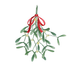 Christmas traditional watercolor hanging mistletoe bouquet with red bow isolated on white background, plant illustration for winter holidays design